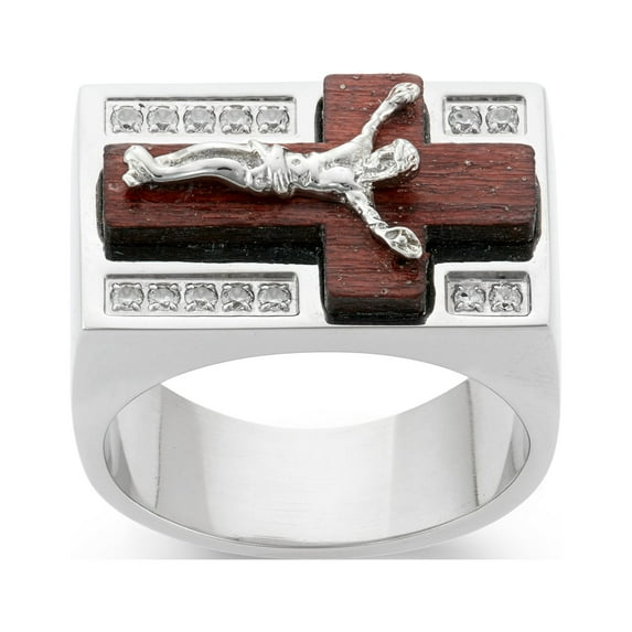 Stainless Steel White Cubic Zirconia Wood Crucifix Cross Men's Ring Size 13