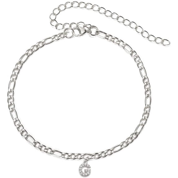 Stainless Steel White Gold Plated 4mm Figaro Link Anklet, Initial A - Z Cubic Zirconia Letter Ankle Bracelet, Giorgio Bergamo Silver, G