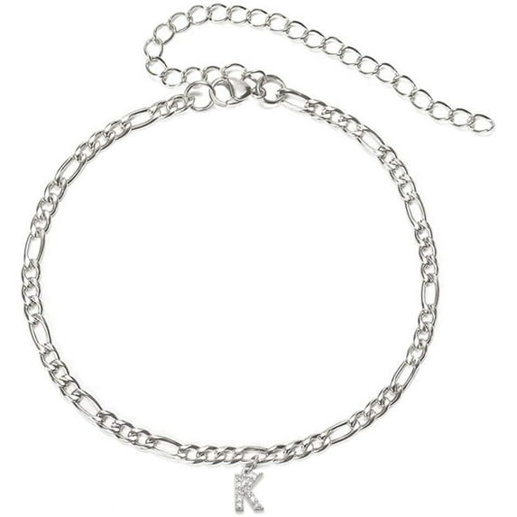 Stainless Steel White Gold Plated 4mm Figaro Link Anklet, Initial A - Z Cubic Zirconia Letter Ankle Bracelet, Giorgio Bergamo Silver, K