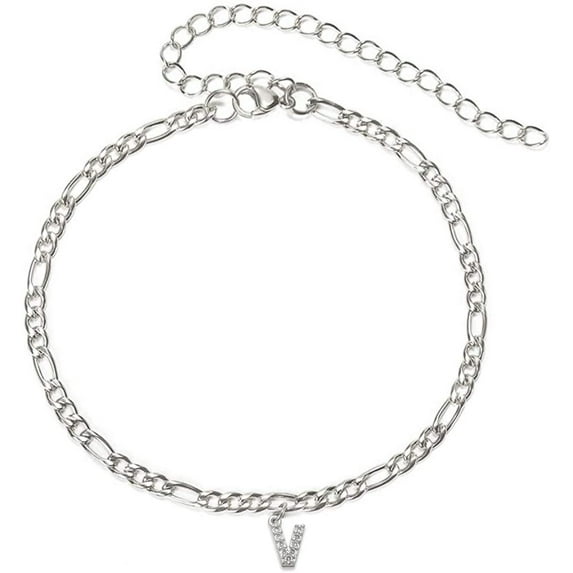 Stainless Steel White Gold Plated 4mm Figaro Link Anklet, Initial A - Z Cubic Zirconia Letter Ankle Bracelet, Giorgio Bergamo Silver, V