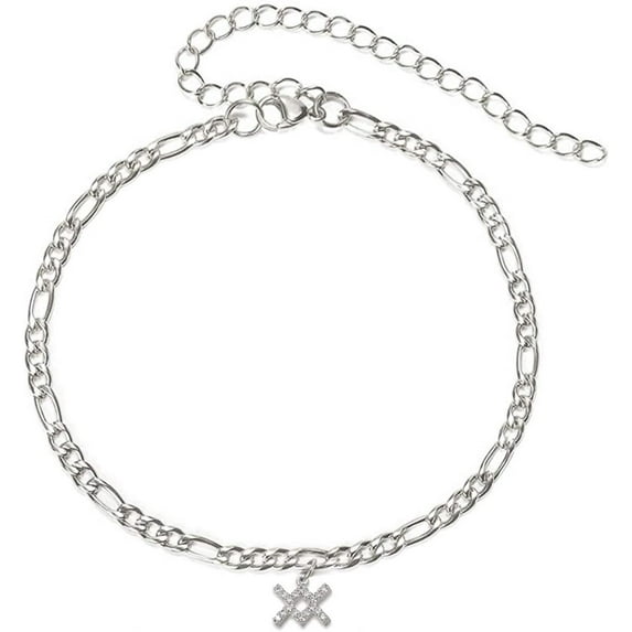 Stainless Steel White Gold Plated 4mm Figaro Link Anklet, Zodiac, Constellation, Horoscope Cubic Zirconia Ankle Bracelet Silver, Aquarius