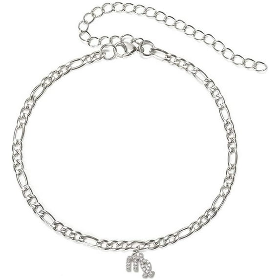 Stainless Steel White Gold Plated 4mm Figaro Link Anklet, Zodiac, Constellation, Horoscope Cubic Zirconia Ankle Bracelet Silver, Virgo