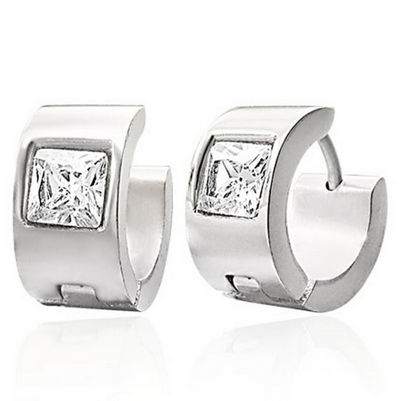 Stainless Steel White Princess-Cut CZ Womens Hoop Huggie Earrings