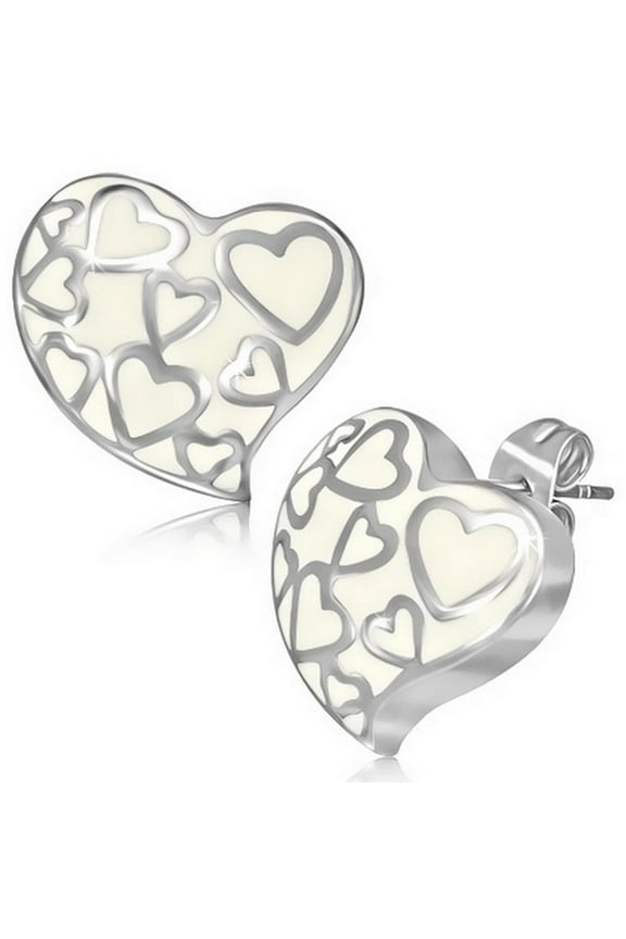 Stainless Steel White Silver-Tone Love Heart-Shaped Stud Earrings