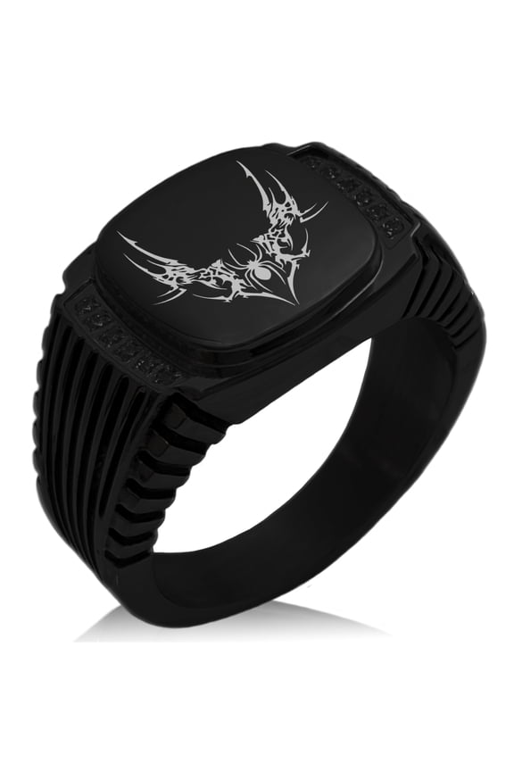 Stainless Steel Wicked Black Widow CZ Ribbed Needle Stripe Pattern Biker Style Polished Ring