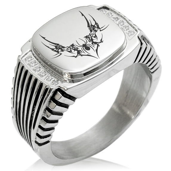 Tioneer Stainless Steel Wicked Black Widow CZ Ribbed Needle Stripe Pattern Biker Style Polished Ring