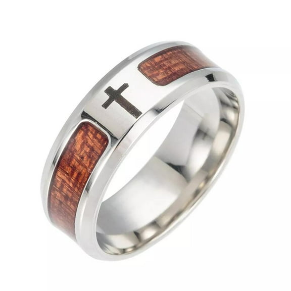 Stainless Steel Wide Band Ring Acacia Cross Silver Brown Silver 1/4 19.9Mm Z746