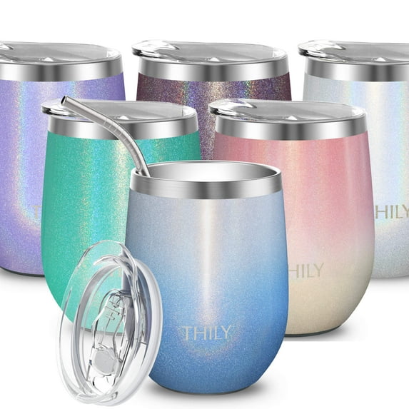 Stainless Steel Wine Tumbler Insulated - THILY Stemless Wine Glass Travel Coffee Cup with Sliding Lid and Reusable Straw, Keep Cold & Hot for Coffee, Cocktails, Drinks, Glitter Blue Sky
