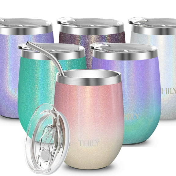 Stainless Steel Wine Tumbler Insulated - THILY Stemless Wine Glass Travel Coffee Cup with Sliding Lid and Reusable Straw, Keep Cold & Hot for Coffee, Cocktails, Drinks, Glitter Sweet Taffy