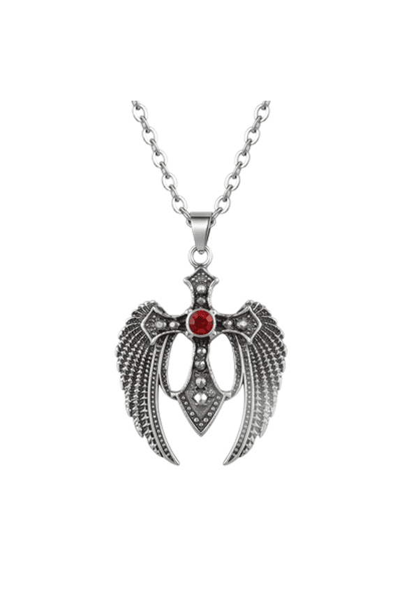 Stainless Steel Winged Cross Pendant Necklace Red Stone Gothic Vintage Style Jewelry 18 Inch Cable Chain Gift Men Women