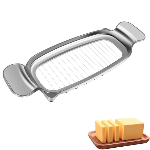 Stainless Steel Wire Butter Cutter Slicer, Push Style Block Cheese Cutter with Double-Sided Handle, Multipurpose Metal Butter Squares Slicer for Single Stick, Fruit Baking(Q)