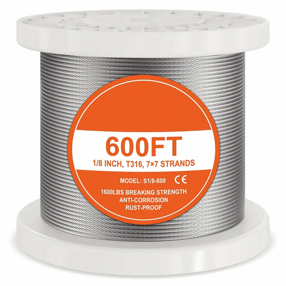 Stainless Steel Wire Rope Kit 1/8" 600ft, 316 Marine Cable, 1600lbs, 7x7 Strand, Cutter & Gloves for Railing, Deck, Fence