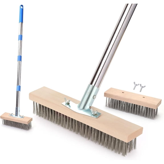 Stainless Steel Wire Scrub Brush with 63" Long Handle, 2 count 12" Brush Heads, Heavy Duty Large Wire Brush, Stiff Metal Bristle Floor , Patio Floor Cleaning, Wire Broom for Concrete, Deck, Moss