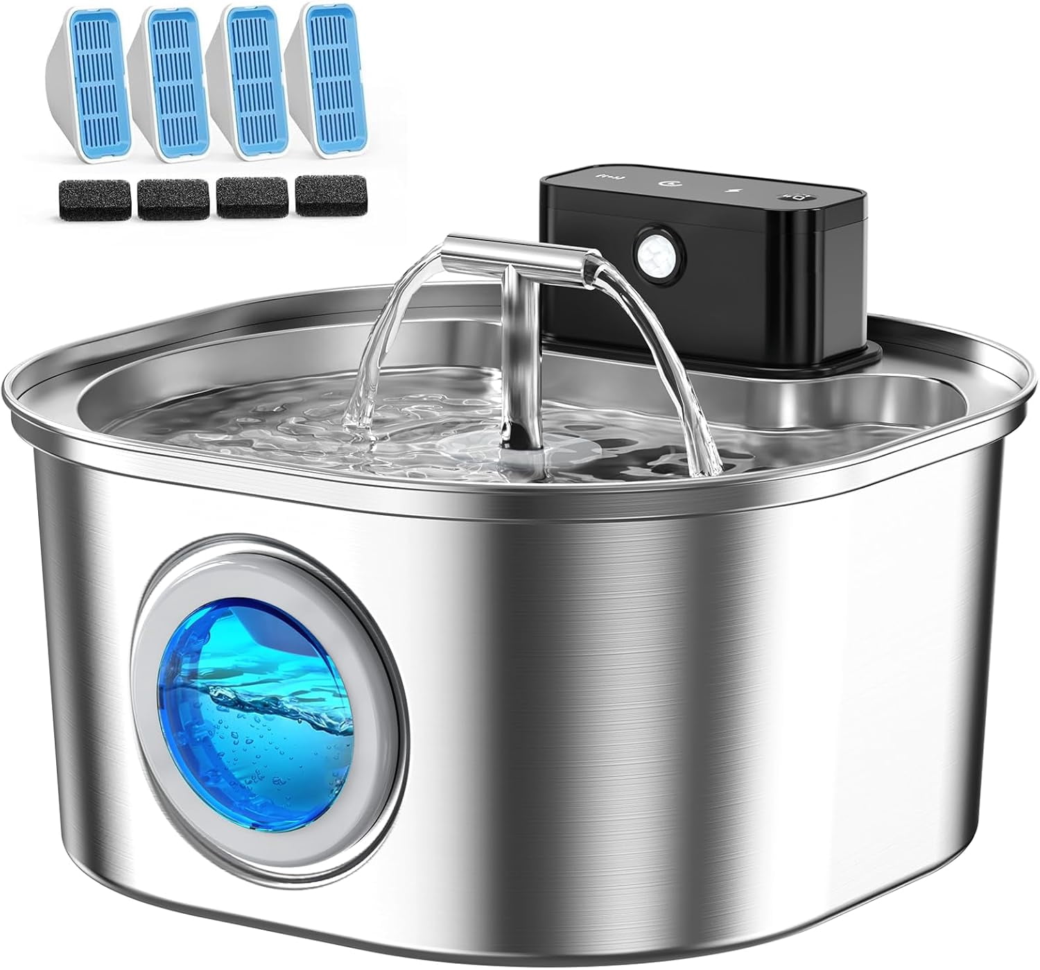 Stainless Steel Wireless Cat Water Fountain: 3.2L/108oz 3-Modes Pet Drinking Fountain Indoor Cordless Motion Sensor with Pet Water Dispenser Bowl with Water Level Window, BPA-Free, 4Filter