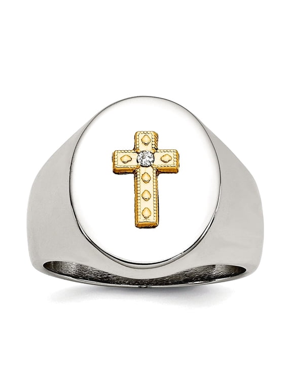 Stainless Steel With 10k Gold Religious Faith Cross and .02ct Diamond Polished Ring Size 9 Ring for Women