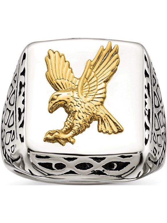 Chisel Stainless Steel with 14K Gold Accent Antiqued and Polished Eagle Ring