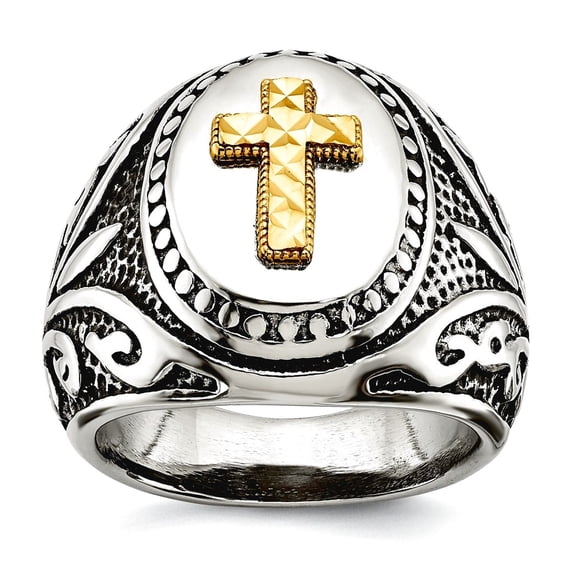 Stainless Steel With 14k Gold Accent Oxidized and Polished Religious Faith Cross Ring Size 12 Ring for Women