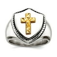 thumbnail image 1 of Stainless Steel With 14k Gold Accent Oxidized and Polished Religious Faith Cross Shield Ring Size 11 Ring for Women, 1 of 2