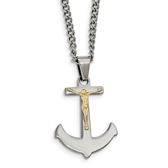 Stainless Steel With 14k Gold Crucifix Anchor Necklace - 24 Inch - Measures 23.2mm Wide