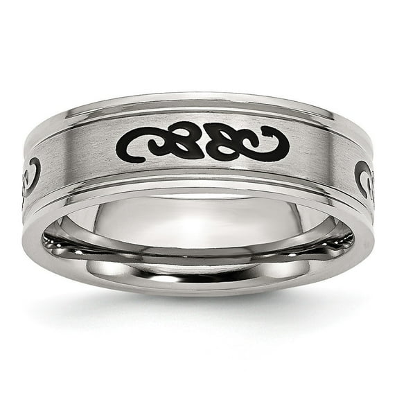 Stainless Steel With Black Rubber Scroll Design 7mm Band Ring - Size 7.5