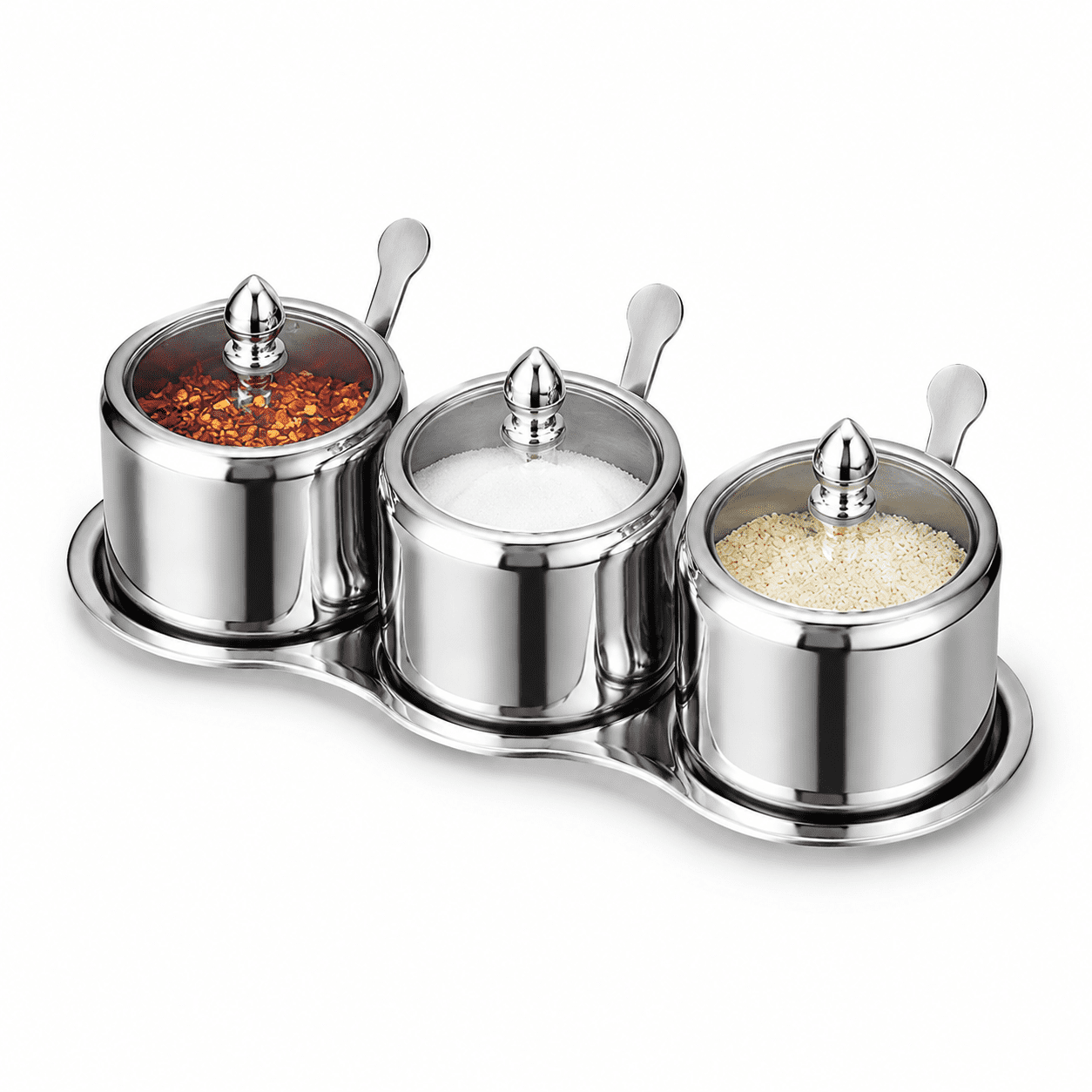 Stainless Steel With Glass Lids 18/8 Condiment Jar Set with 3 Spoons ...