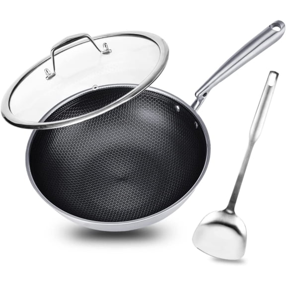 Stainless Steel Wok with Lid, Nonstick Frying Pan Honeycomb Wok 12 inch with Stay Cool Handle,Honeycomb Pan,Induction Compatible,Scratch Resistant,Dishwasher and Oven Safe