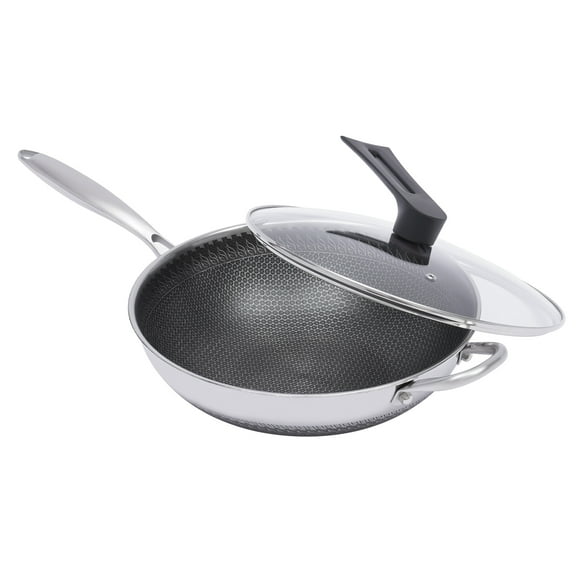 Stainless Steel Wok Pan with Lid, 12 Inch, Great for Frying, Steaming, Boiling, and More for Matching with Electric Stoves, Gas Stoves, Induction Cookers