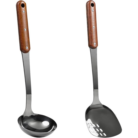 Stainless Steel Wok Spatula and Ladle Tool, Mirror Polished Cooking Utensils Set Metal Wok Accessories with Wooden Handle,Easy to Clean Kitchen Utensils,Black