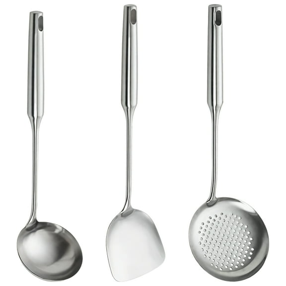 Stainless Steel Wok Spatula Set, 3 Pieces Wok Utensils, Heavy Duty Construction, Long Handle Design, Easy to Clean, Dishwasher Safe