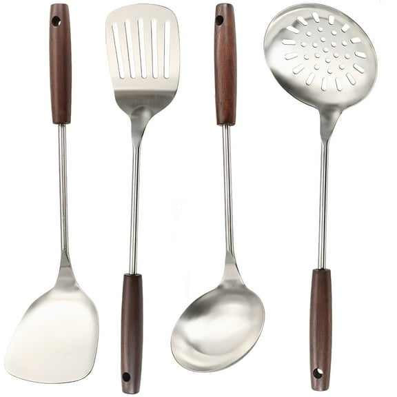 4 Pcs Stainless Steel Wok Tool Set - Vintage Wood Handle Spatula, Ladle, Strainer & Skimmer for Stir Fry, Cooking & Hot Pot