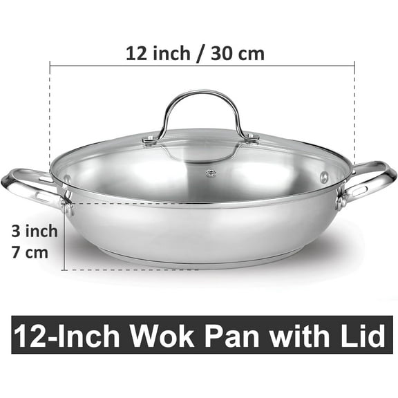 Stainless Steel Wok Stir Fry Pan with Glass Lid, 12-Inch Everyday Chef's Pan, Oven Safe, Multi-Stove Compatible