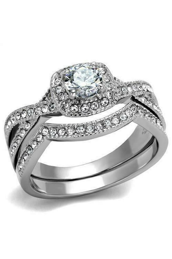 Stainless Steel Women's Infinity Wedding Ring Set Halo Round CZ Cubic Zirconia