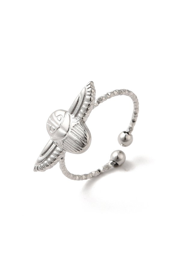 Stainless Steel Womens Central Spherical Element Wings Adjustable Open Cuff Ring Silver R273