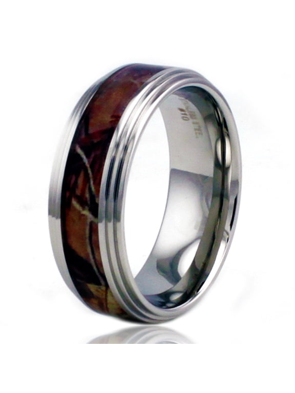 Stainless Steel Wood Camouflage Step Down Edge Wedding Band Ring