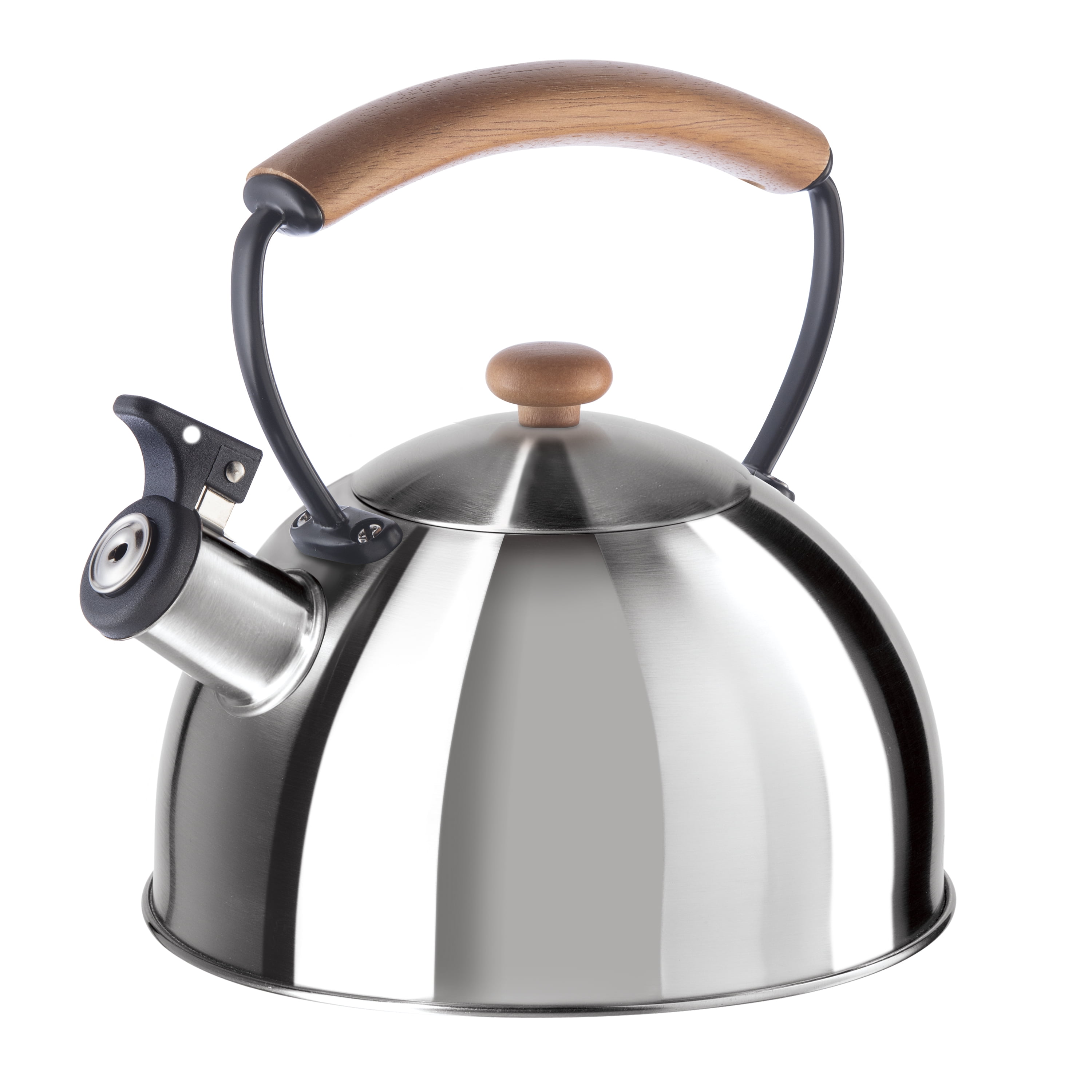 Silver Stainless Steel Whistling Tea Kettle with Wood Handle, 2.5 Liters