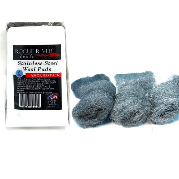 Stainless Steel Wool Pads, 6pc Assorted Pack Fine, Medium, Coarse - by Rogue River Tools. Made in USA! Oil Free, Won't Rust.