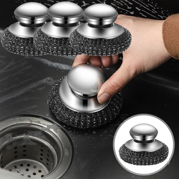 Stainless Steel Wool Washer with Handle - Replaceable Detachable Metal Wool Pad for Cleaning Plates, Pans, Stoves, Sinks - Kitchen Scrubber Brush for Cooking Utensils, Ovens, Grills - 3 Pack