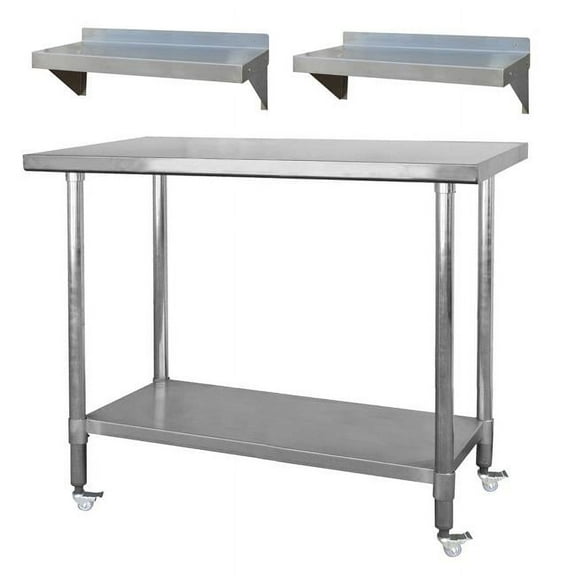 Stainless Steel Work Station with 48 inch Workbench Table with Casters and Two 24 inch Utility Shelves