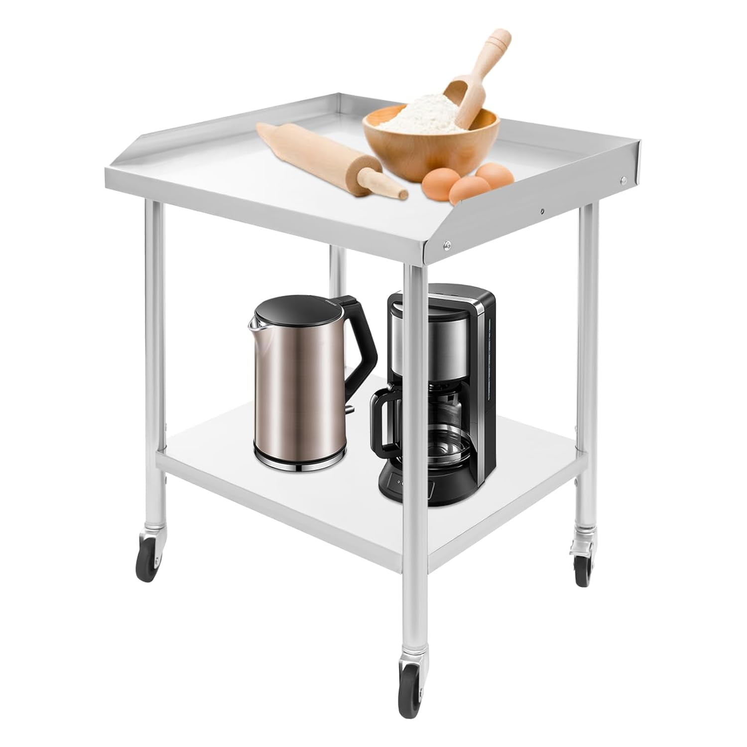 Stainless Steel Work Table, 2-Tier Heavy Duty Work Table, 3-Sided Backsplash Commercial Food Prep Table with Wheels, Metal Work Table for Restaurant Home Hotel (23.6 x 23.6 x 29.92 Inch)