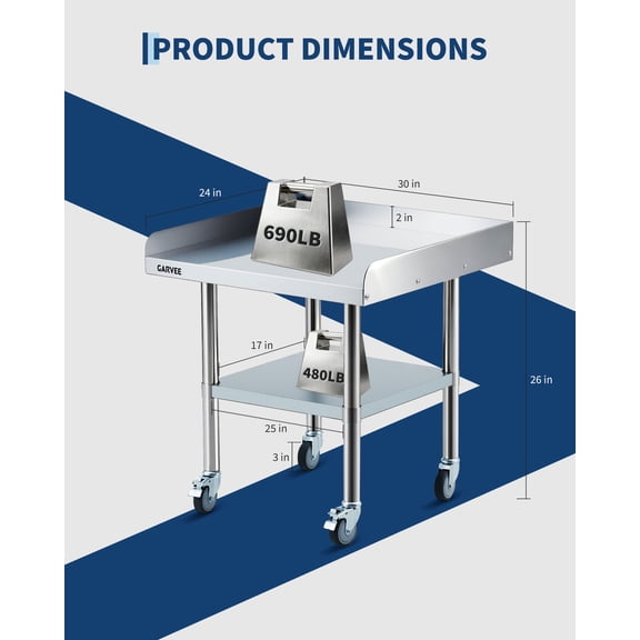 Stainless Steel Work Table, 24x30 Inch Commercial Food Prep Worktable with Wheels, Detachable 3-Sided Backsplash & Height-Adjustable Shelf for Kitchen Restaurant Garage
