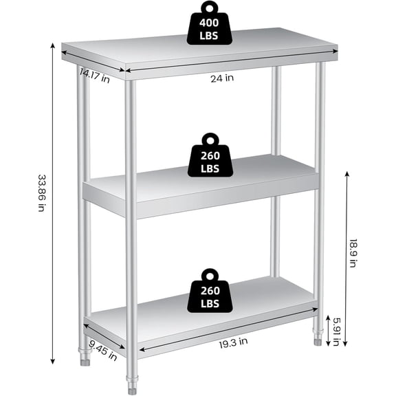 Stainless Steel Work Table 3-Shelf Commercial Food Prep Table Rust-Proof Utility Table for No wheels
size: 14*24*34 Stainless Steel