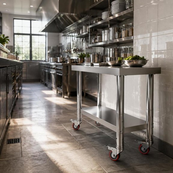 Stainless Steel Work Table, 30 X 18 X 34 Inch, 700 Lbs Load Capacity, 4 Swivel Wheels, 3 Adjustable Height Levels