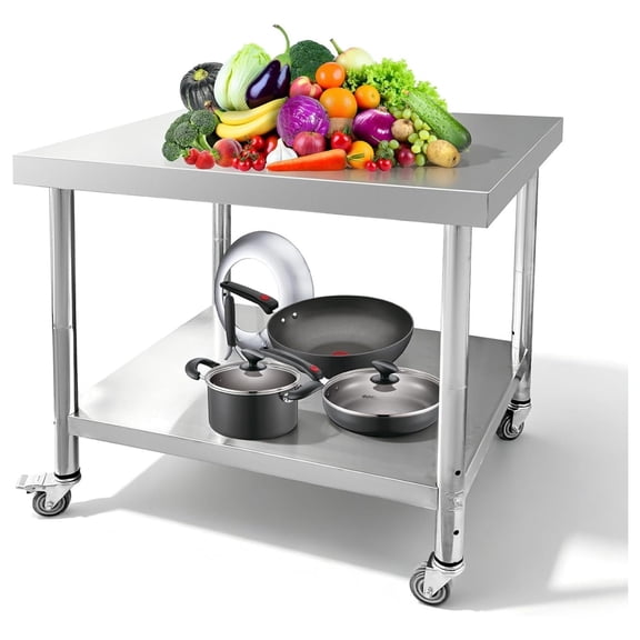 Stainless Steel Work Table with 4 Wheels 36 x 30 x 34 Inch Heavy Duty Metal Prep Workstation 2-Tier Adjustable Mobile Kitchen Workbench for Restaurant Hotel Garage
