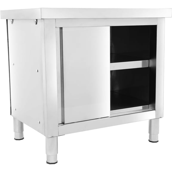 Stainless Steel Work Table with Cabinet, Heavy Duty Food Prep Worktable with 2 Sliding Doors, Commercial Kitchen Workbench with Adjustable Feet, Storage Cabinet for Kitchen Restaurant Garage