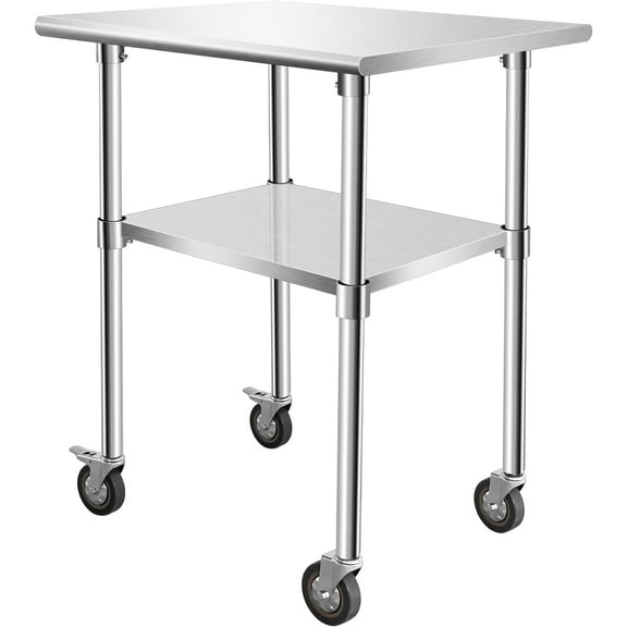 Stainless Steel Work Table with Casters, 30 x 24 x 32 Inch Heavy Duty Kitchen Prep Table for Restaurant, Home and Hotel Use, Small Kitchen Table with Stainless Steel Shelves