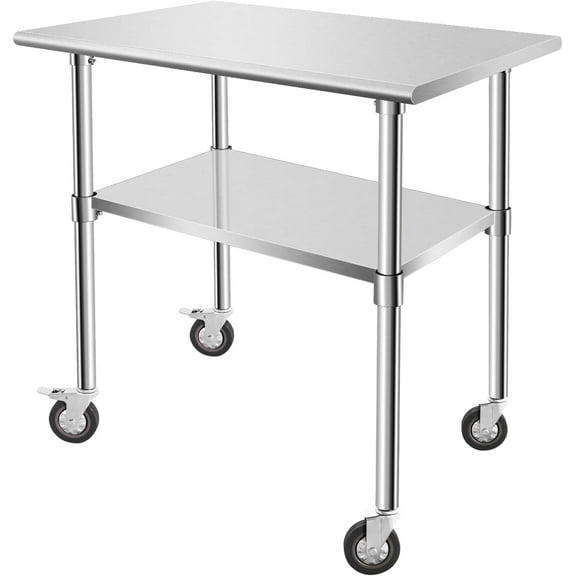 Stainless Steel Work Table with Casters, 36 x 24 x 32 Inch Heavy Duty Kitchen Prep Table for Restaurant, Home and Hotel Use, Small Kitchen Table with Stainless Steel Shelves