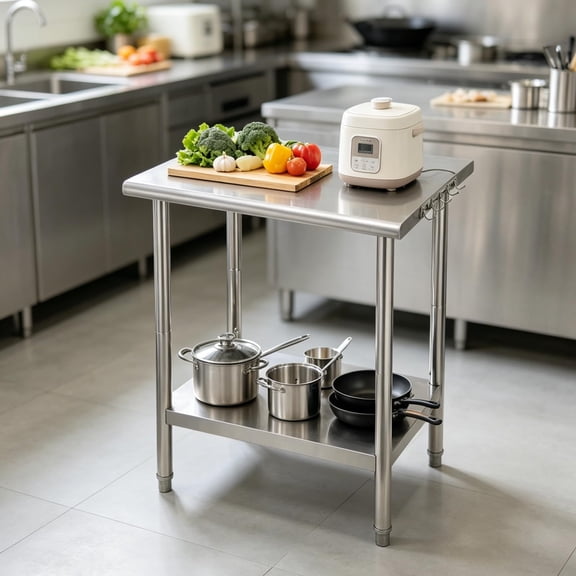Stainless Steel Work Table - Heavy Duty Commercial Prep Table with Double Layer Storage & Garbage Shelf - 0.7mm Thick Mobile Table with 4 Locking Swivel Casters & Side Hooks - Ideal for Kitchen, Lab