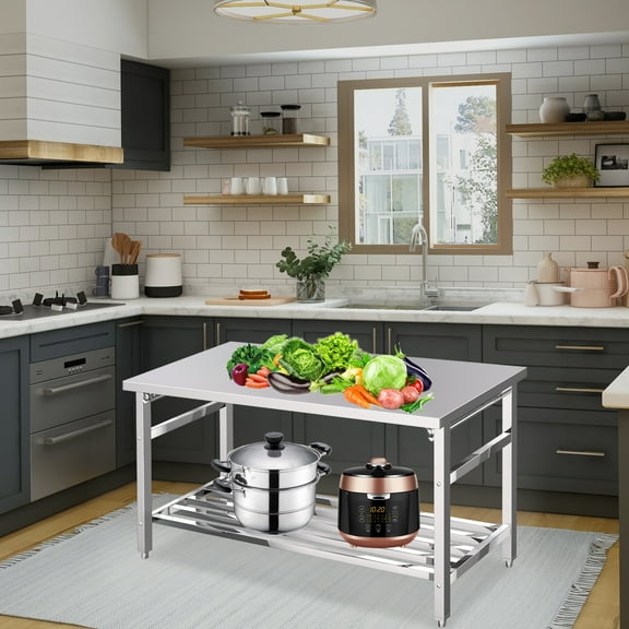 Stainless Steel Work Table Heavy Duty Foldable Prep Table with Adjustable Shelf, NSF Commercial Food Grade Metal Workbench for Restaurant,Bakery, Home
