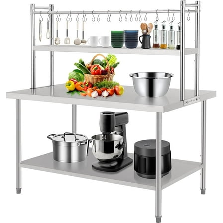 Stainless Steel Work Table with Overshelf, 60x36 Inch Heavy Duty Commercial Food Prep Table, Metal Kitchen Prep Table with Adjustable Shelf & Hooks for Restaurant Home