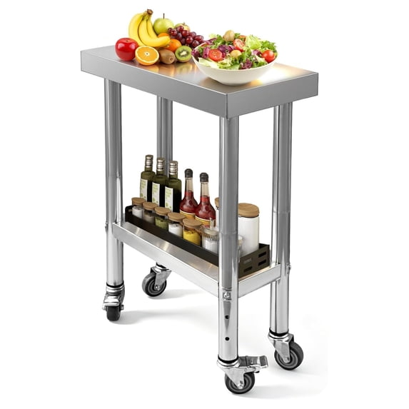 Adjustable Service Table Stainless Steel Work Table with Wheels 24x12x33 Inch 2-Tier Adjustable ...